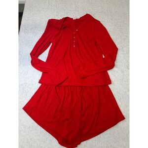 Auden Womens Red Ribbed Henley Long Sleeve Top and Shorts Pajama Set Size M NWOT